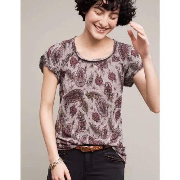 Anthropologie T.LA paisley flutter tee gray motif red top shirt sz S - Picture 1 of 10